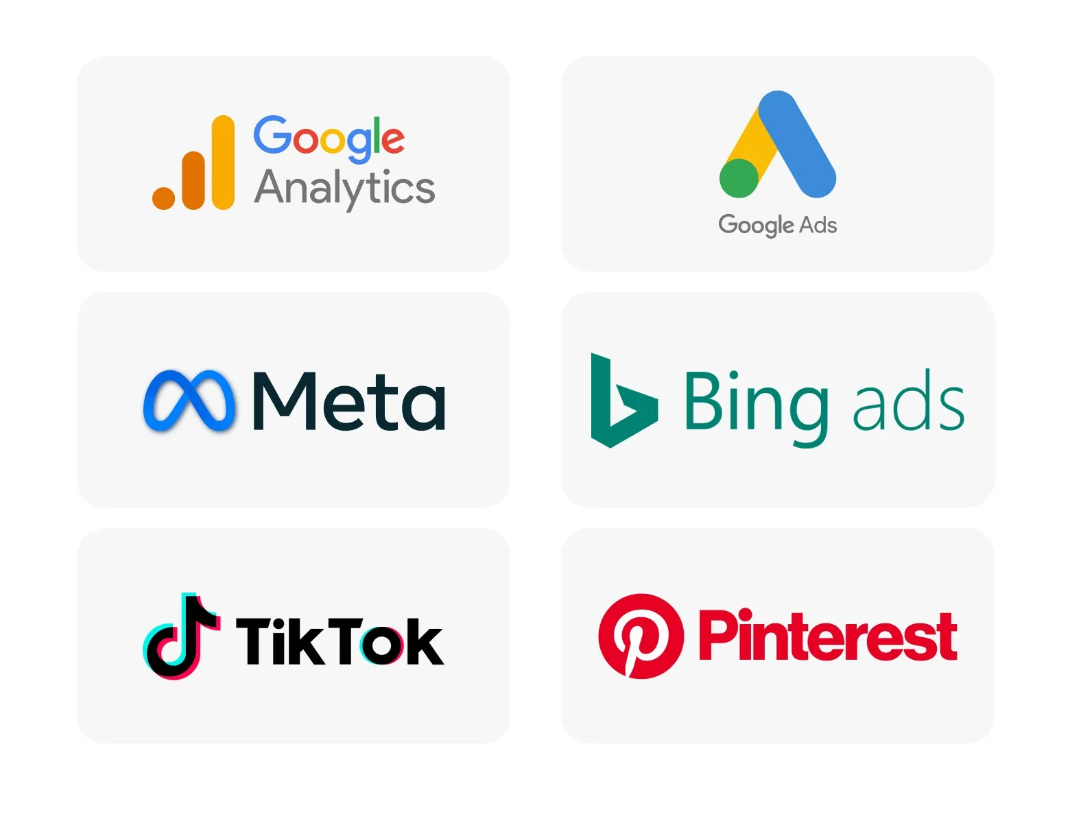 Preset packages for Google Analytics, Google Ads, Meta, Bing Ads, TikTok and Pinterest.