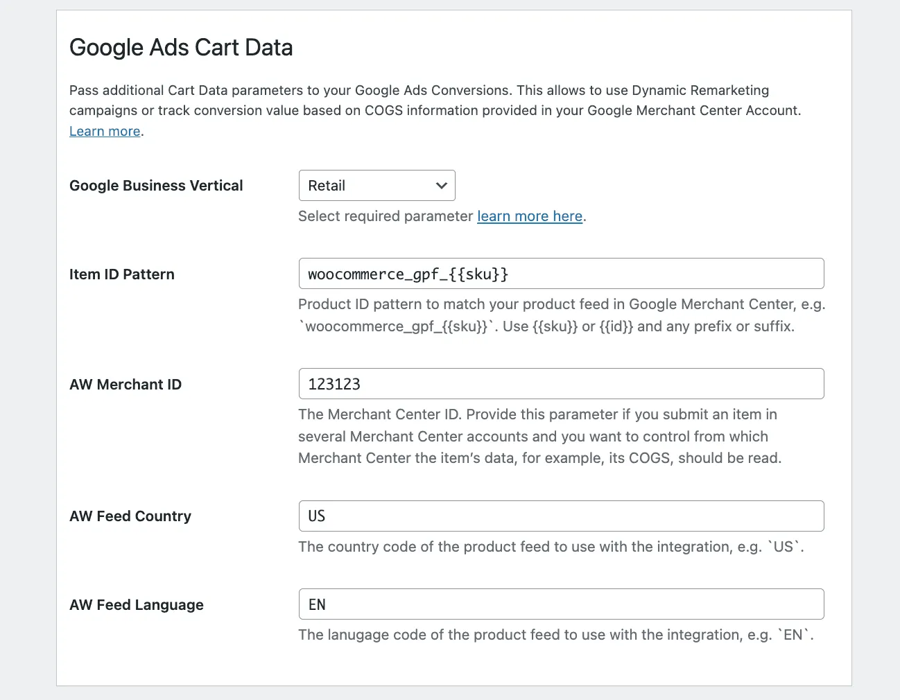 A generated product data feed with the parameters Dynamic Remarketing requires.